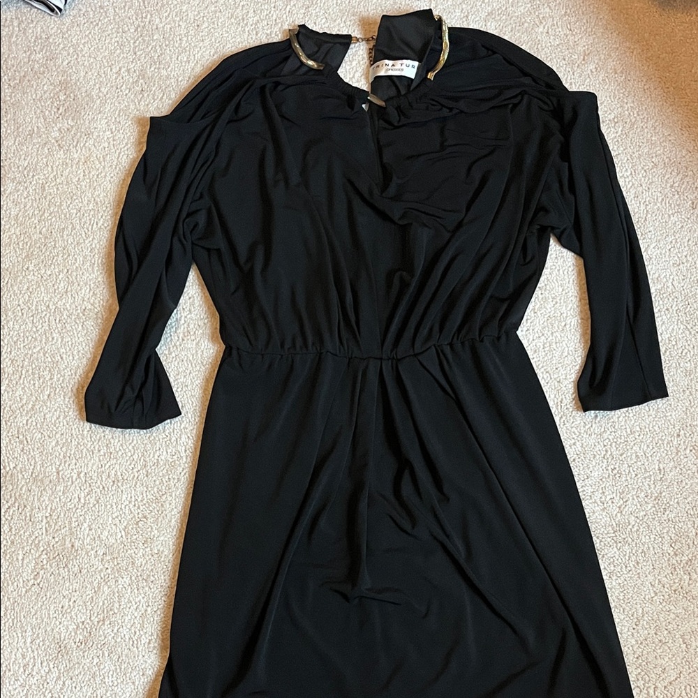 Trina Turk Black Long Sleeve Women's Dress with Gold Collar Trim